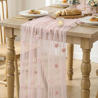 Artoid Mode Pink Flower Pearl Pink Gauze Table Runner 10FT, Seasonal Sheer - Image 6
