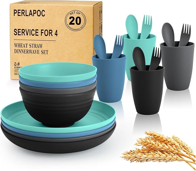 20PCS Plastic Dishes Set for 4, Unbreakable Wheat Straw Plates and Bowl Set | by Perlapoc