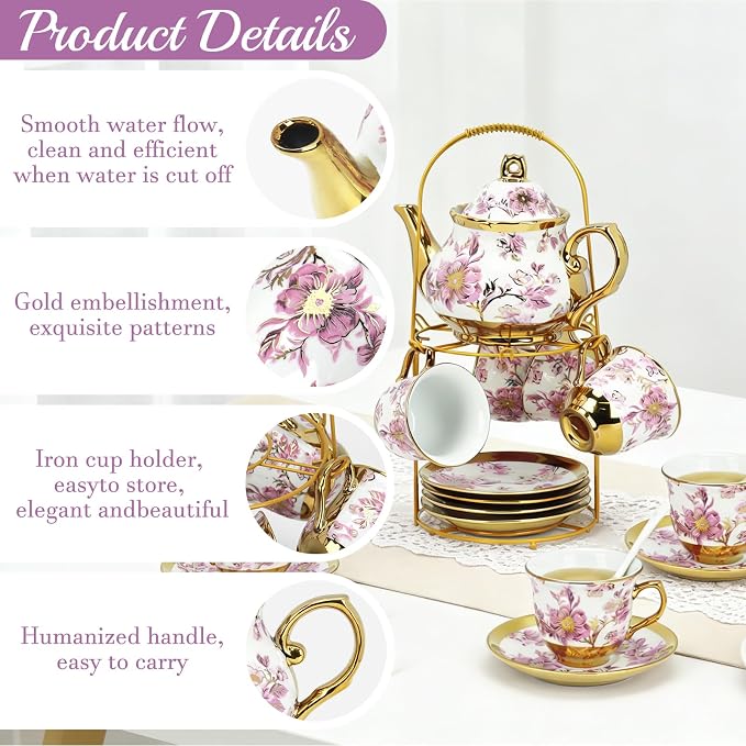 20 Pcs Porcelain Tea Set With Metal Holder, - Image 3