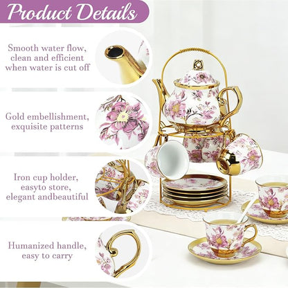 20 Pcs Porcelain Tea Set With Metal Holder, - Image 3