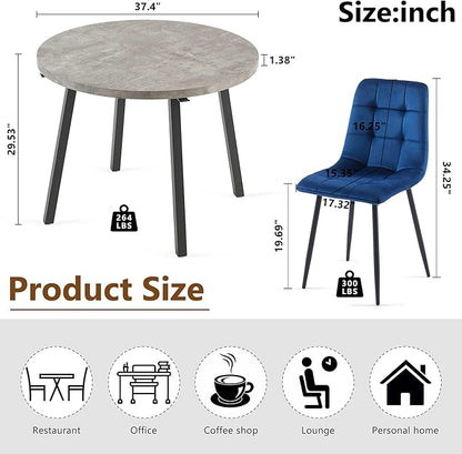 5-Piece Round Dining Table Set for 4, Grey Engineered Wood Coffee Breakfast Table with Hooks, 4 Soft Velvet Kitchen Dining Chairs, Metal Legs