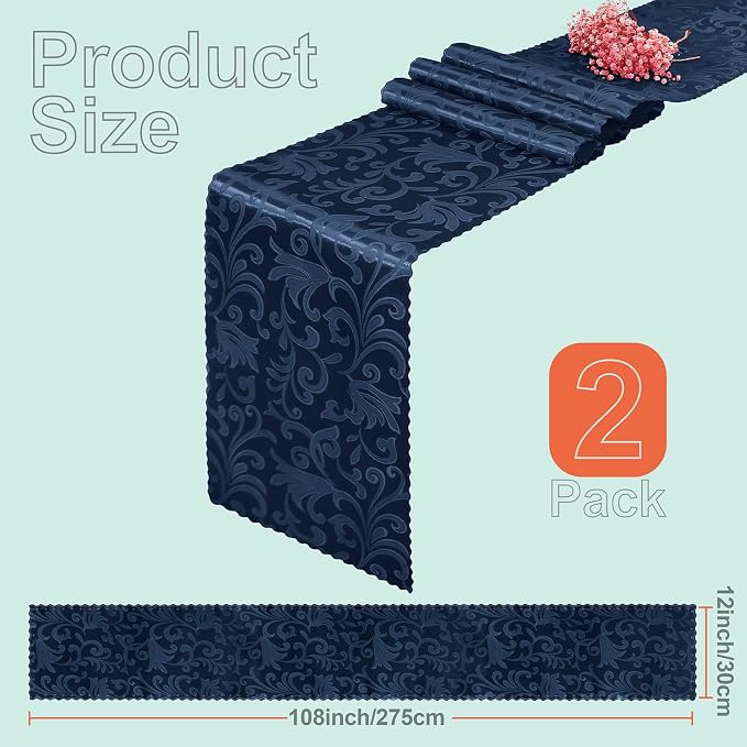 2 Pack Navy Blue Satin Table Runner 12 x 108 Inch | Bright Smooth Damask - Image 3