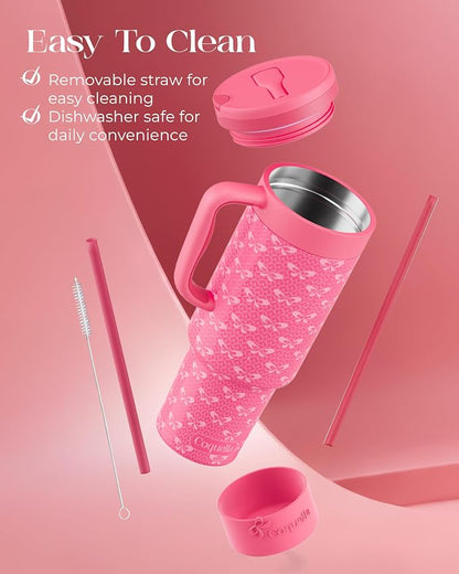 40 oz Insulated Tumbler with Handle and Push-Button Straw Lid, Stainless Steel - Image 6
