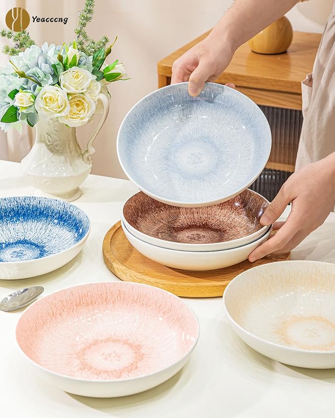 Yeacccng Pasta Bowls Set of 6, 8.7 Inch 39 Oz Colorful Reactive Glaze Ceramic - Image 3