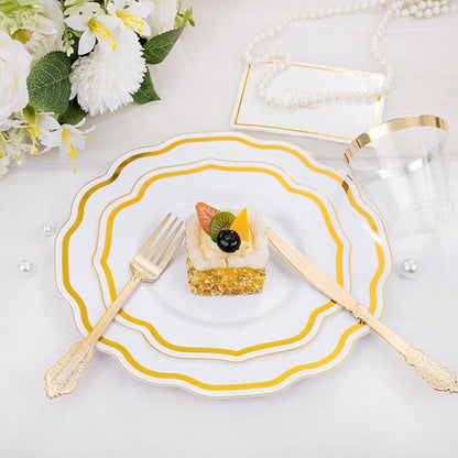 YOUBET 350 PCS White and Gold Plastic Plates - Disposable Plates for 50 Guests Tableware Includes 150 Gold Plastic Silverware, 50 Cups, 50 Napkins, for Wedding Party & Thanksgiving