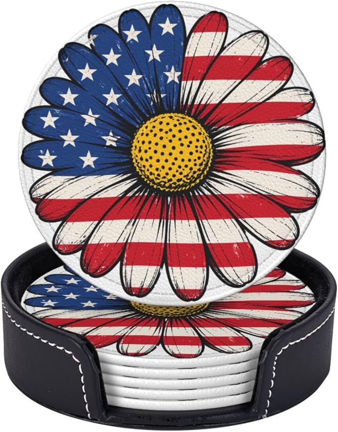 Patriotic American Flag Daisy Floral Leather Coasters Set of 6 by NeuKim