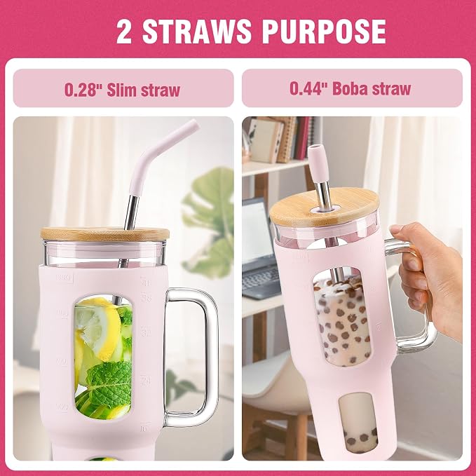 WINSA Glass Tumbler with Lid and Straw, 46 oz, Cotton Pink | Iced Coffee Cup - Image 2