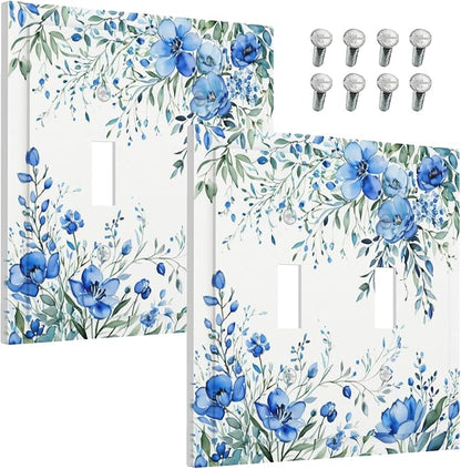 Decorative Light Switch Cover Blue Watercolor Flowers Retro Floral Leaves 2 Gang Wall Plate Double Toggle Switch Plate Receptacle Electrical Outlet Cover Switchplate for Bathroom Bedroom（2 Pack）