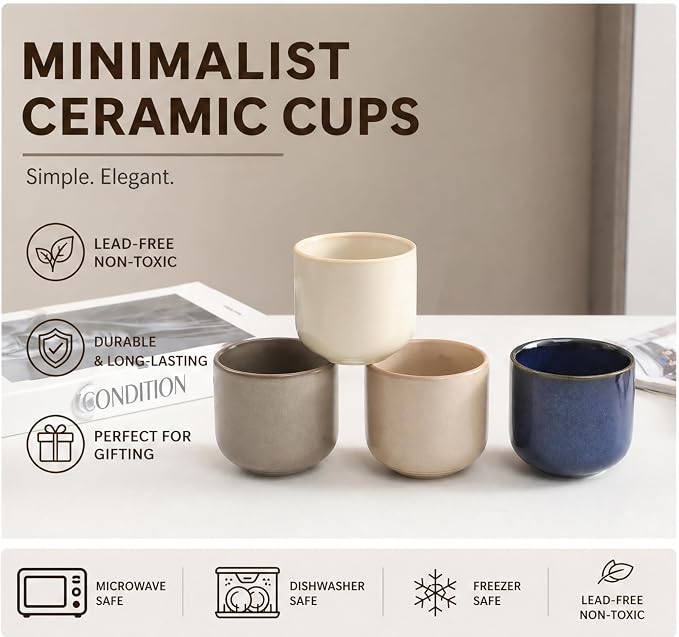 5 oz small Japanese style tea cups set of 4, Handleless Demitasse Mugs - Image 3