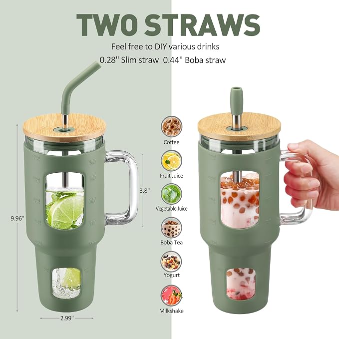 WINSA Glass Tumbler with Straw and Lid, 40 oz, Olive | Iced Coffee Cup with - Image 4