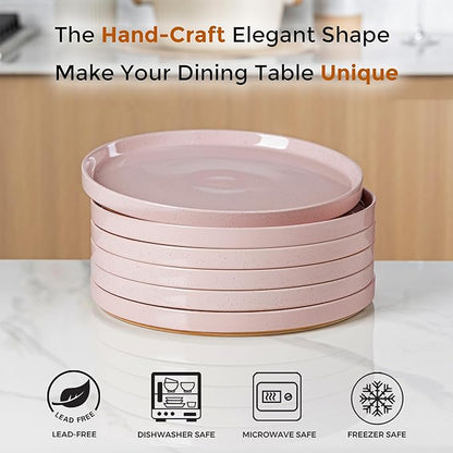 AmorArc Ceramic Dinner Plates Set of 6, 10.25 Inch Stoneware Plates for Kitchen,Modern Flat Dinnerware Dishes Set,Microwave& Dishwasher Safe, Scratch Resistant-Pink