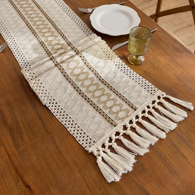 Boho Table Runner for Christmas, Woven Cream & Brown Macrame Dining Table by Fving