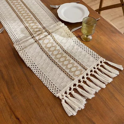 Boho Table Runner for Christmas, Woven Cream & Brown Macrame Dining Table by Fving