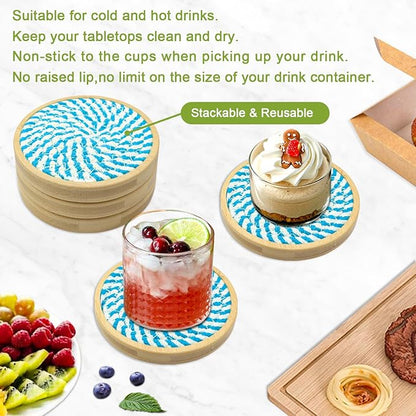 5 Pack Absorbent Coasters for Drinks, 4.3 Inches Cork for Coffee Tables, Wooden Drink Protection, Cute for Kitchen, Farmhouse, Bar, and Office (Blue)