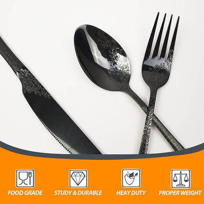 Runfly Modern Carved Floral Black Stainless Steel 20-Piece Flatware Set | - Image 4