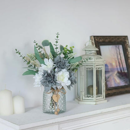Faux Flowers with Vase,Artificial Silk Flowers in Vase, Fake Plant Eucalyptus and Willow,Flower Arrangement for Home Farmhouse kitchen Dining Table Centerpiece Decorations Table Decor (Grey Blue)