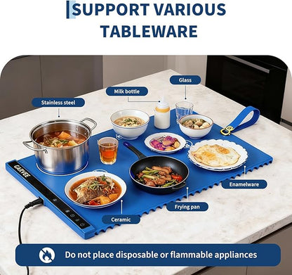 Garvee Electric Food Warming Mat for Countertop, 24x15 in, Dual Zone Control, Portable Silicone Food Warmer Pad Tray with Timer & 6 Temp Levels for Buffet Party, Easy to Clean, Blue