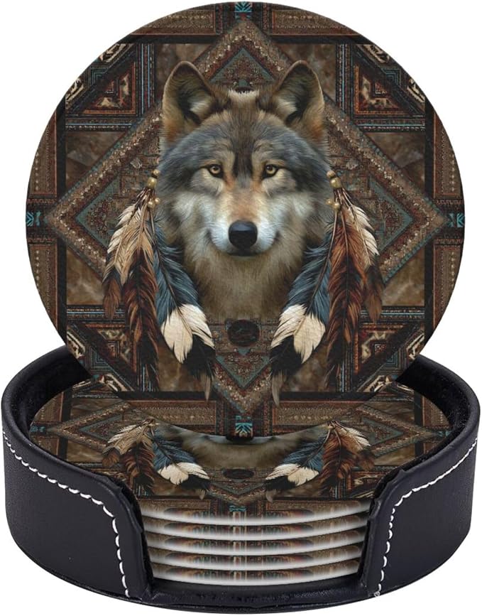 6 Pack Native American Wolf Feathers Leather Coasters by GTEVUTS