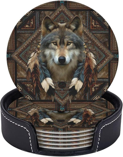 6 Pack Native American Wolf Feathers Leather Coasters by GTEVUTS
