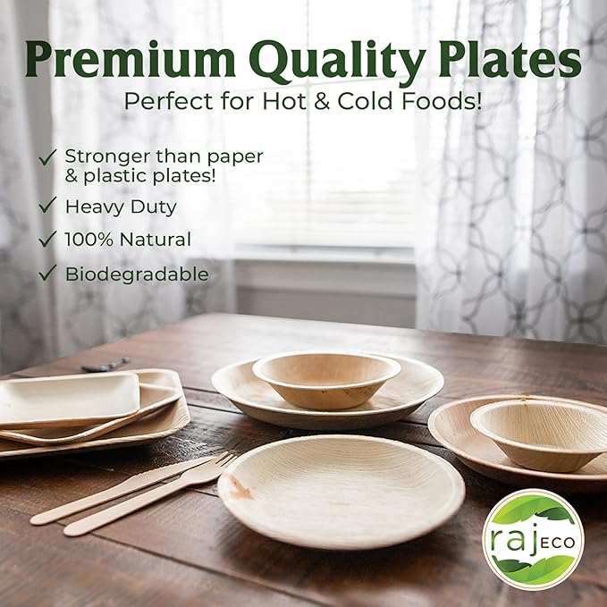 Raj Palm Leaf Plates 10" 100 Square Plates like Bamboo plates Disposable, Decorative Compostable Tableware for wedding, Lunch, Dinner, Birthday, Camping, Outdoor BBQ, Picnic