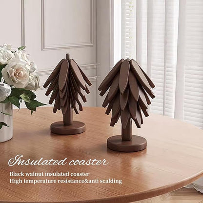 Wooden Placemats - Tree Washer Set, Wooden Pinwheel Coaster Set with Stand for Easy Storage - for Fondue pots, Pans, Bowls, teapots, Warming Trays - Versatile Decorations (B Walnut 4 pcs)