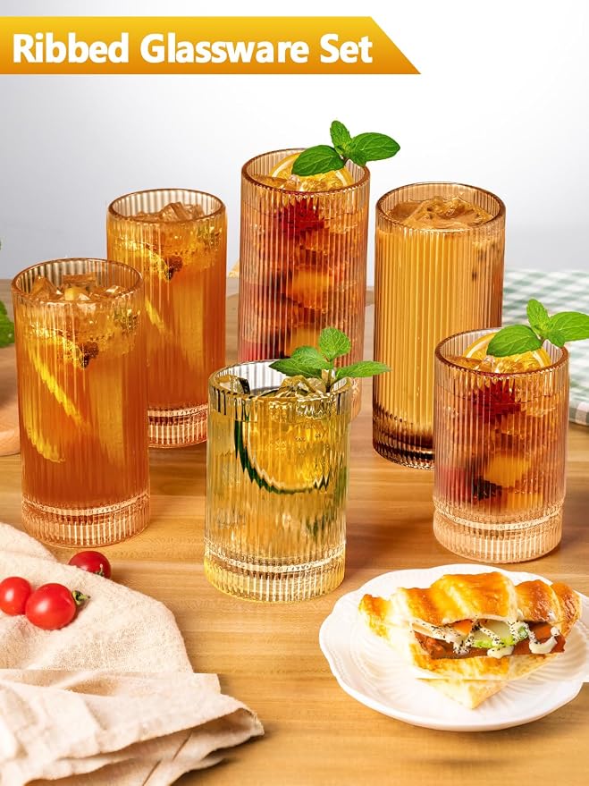 Ribbed Glassware Vintage Drinking Glasses 12Pcs Set （6 Highball Glasses 16Oz - Image 2