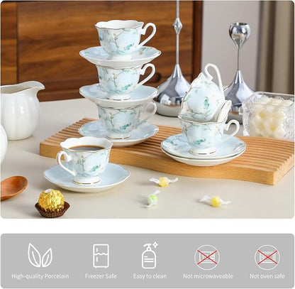 2.5oz Porcelain Demitasse Set of 6, 75ml Blue & Gold Floral | Embossed floral - Image 3