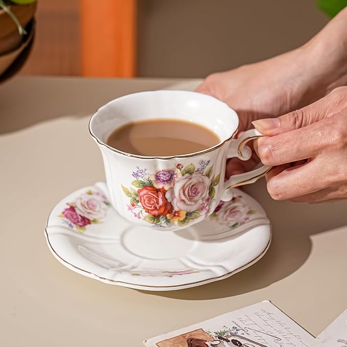Ceramic Floral Cups with Saucers，7 oz Espresso Cups - Image 3