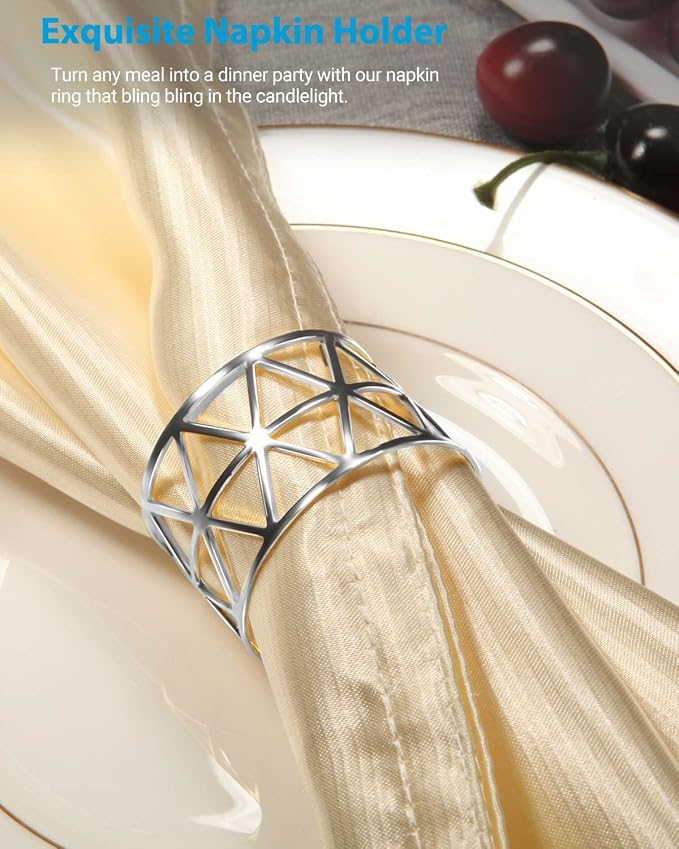 12 Pack Napkin Rings Holders Silver Color Hollow Design Décor Dinner Party - Image 3