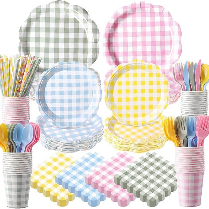 450 Pcs Gingham Tableware Set Decorations, Serves 50 | Pastel Plaid Paper by Unknown