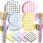 450 Pcs Gingham Tableware Set Decorations, Serves 50 | Pastel Plaid Paper by Unknown