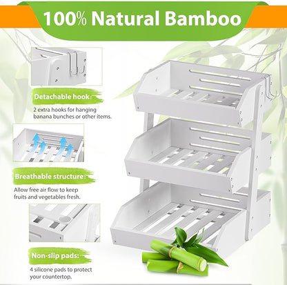 Bamboo Fruit Basket for Kitchen– 3 Tier Fruit Bowl For Kitchen Counter, Large Fruit Holder With Banana Hangers, Idea For Vegetable Storage, Bread Display, Snack Organizer(White)