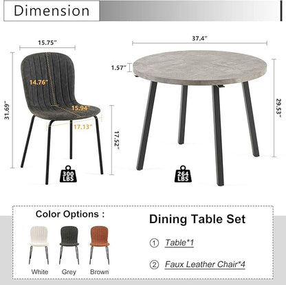 Round Dining Table Set for 4 with PU Leather Chairs - Modern Kitchen Table and Chairs Set for Small Spaces - Dark Grey