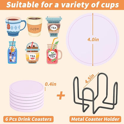 Azhou 6Pcs Drink Coaster with Holder, Lavender Absorbent Coasters for Drinks, Non-Slip with Velvet Bottom, Thick Heavy Duty 4 inch Ceramic Coasters, Home Decor Coffee Bar Accessories
