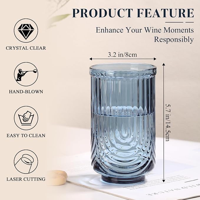 Blue Vintage Drinking Glasses Set of 6-17oz Hand-Blown Highball Ribbed Glassware - Image 2