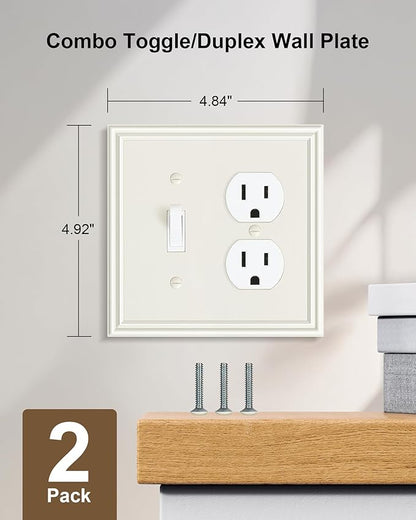 2-Pack Combo Toggle/Duplex Light Switch Cover Plate, Light Almond Wall Outlet Cover Plate, Decorative Wall Receptacle Cover for Electrical Outlets, Light Switch, Durable Solid Zinc Alloy