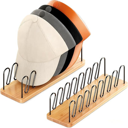 Hat Organizer for Baseball Caps-2 PacK | Wood & Metal Hat Rack Holds 14 for Baseball Caps | Space-Saving Closet Shelf Organizer for Bedroom, Dresser, Entryway