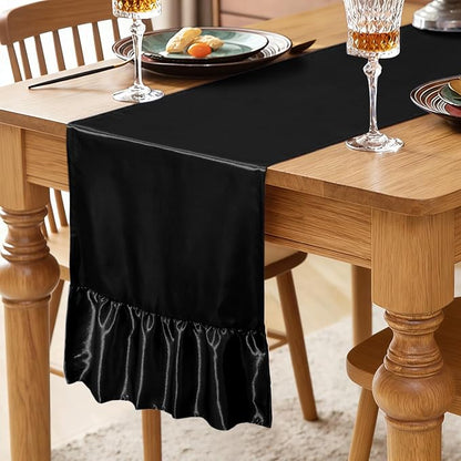 2 Pack Black Satin Table Runner 12 x 72 Inch | Ruffle Design, Luxurious Dining - Image 2