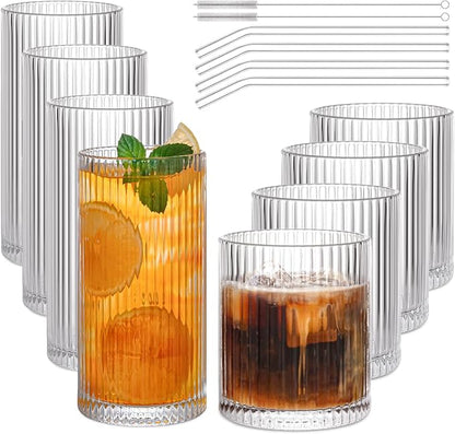 Set of 8 Vintage Ribbed Glassware, 4 Highball Glasses 12 oz, 4 Rocks Drinking by AUFXKOO
