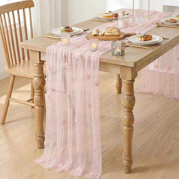 Artoid Mode Pink Flower Pearl Pink Gauze Table Runner 10FT, Seasonal Sheer - Image 3