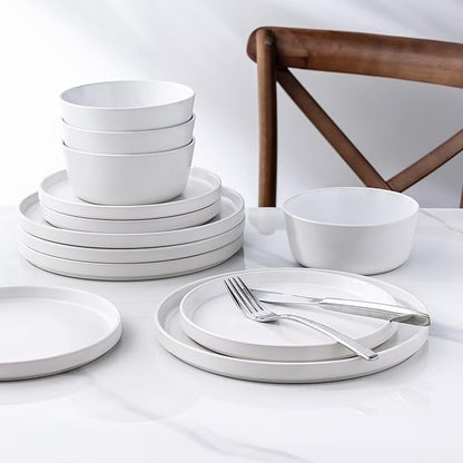 AmorArc Ceramic Dinnerware Sets for 6, Modern Flat Stoneware Plates and Bowls Sets,Chip and Crack Resistant | Dishwasher & Microwave Safe Dishes Set,Scratch Resistant- Service for 6 (18pc)-Matte White