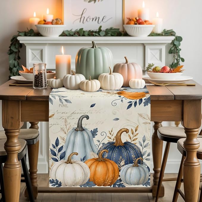 Blue Pumpkins Fall Table Runner 72 Inches Long, Thanksgiving Eucalyptus Leaves - Image 7