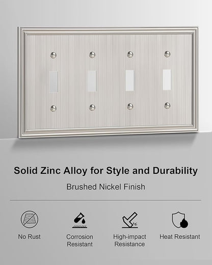 2-Pack Quad Toggle Light Switch Cover Plate, Durable Zinc Alloy Decorative Switch Plate Covers, Brushed Nickel 4 Gang Wall Plate for Toggle Light Switch and Rotary Dimmer Switch