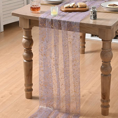 Artoid Mode Grayish Purple Gold Gauze Table Runner 120 Inch 10FT, Glitter Metallic Foil Sheer Dining Wedding Anniversary Holiday Birthday Table Decor for Home Party