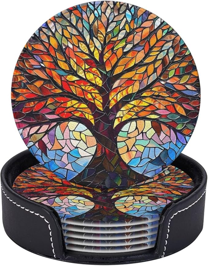 Drink Coasters with Holder Stand Set of 6, Tree of Life Stained Glass Pu by Unknown