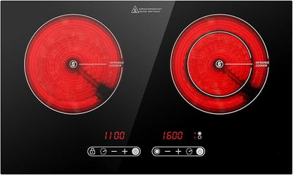 Dual Coil Design of 2 Burner Cooker, 1800W Electric Ceramic Hot Plate for Cooking, Infrared Double Burner Portable Countertop or 24inch Built-in Cooktop Radiant Stove Top, Compatible with All Cookware