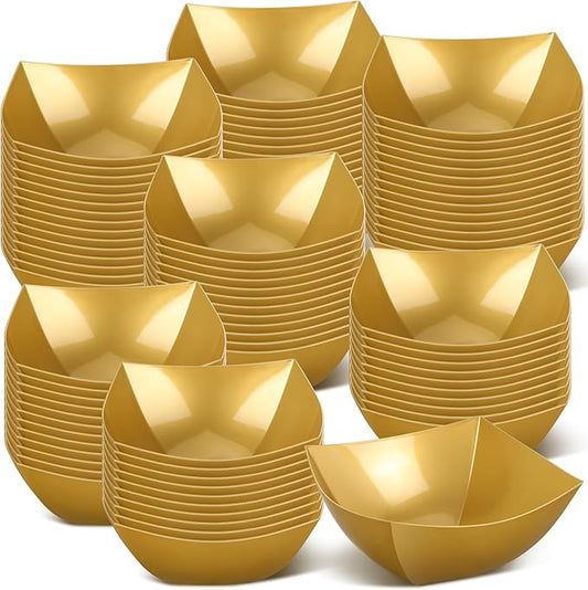 Sliner 100 Pcs Square Plastic Bowls 8 oz Plastic Serving Bowls Disposable Chip Containers for Parties Snack Fruit Candy Containers for Candy Buffet Salad Bar Buffet Party Supplies (Gold)