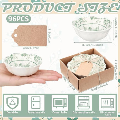96 Pcs Wedding Favors for Guests Small Ceramic Bowl Bulk Gifts Set 3.3 Inch Floral Design Mini Dipping Sauce Dish with Card Box for Bridal Pooja Baby Shower Birthday Guest Gift (Sage Green)