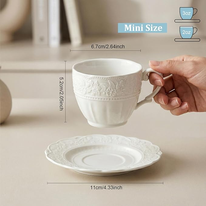 3 oz Espresso Cups Set of 6, Bone China Small Espresso Coffee Cups & Saucers Set - Image 2