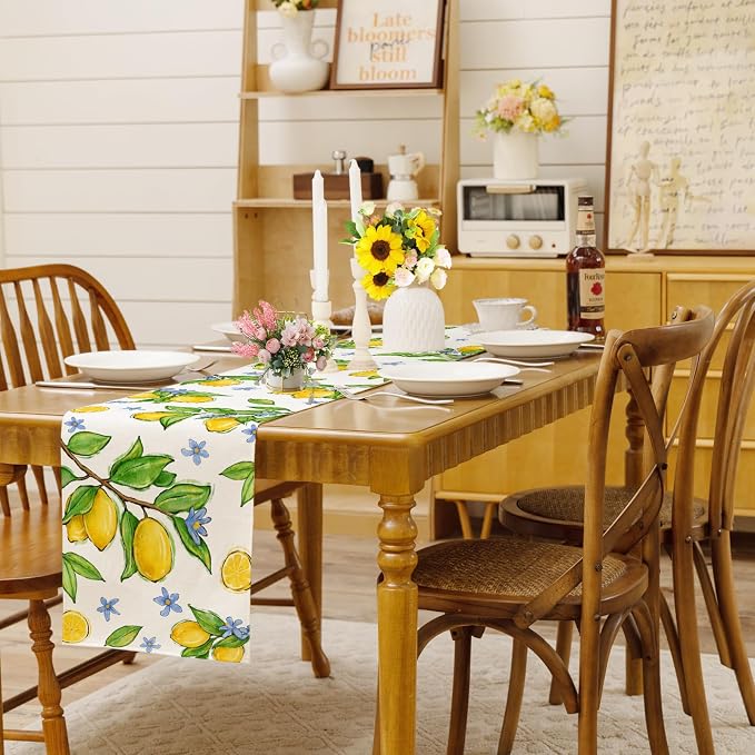 Summer Amalfi Coast Lemon Fruit Table Runner Green Leaves Burlap Table Runners - Image 2